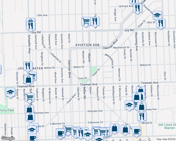 map of restaurants, bars, coffee shops, grocery stores, and more near 8202 Manor in Detroit