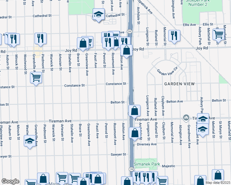 map of restaurants, bars, coffee shops, grocery stores, and more near 8314 Rosemont Avenue in Detroit