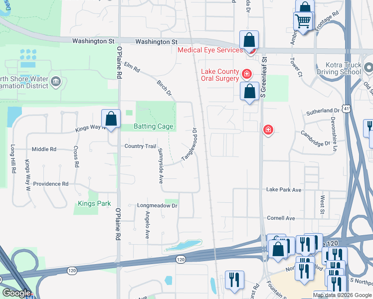 map of restaurants, bars, coffee shops, grocery stores, and more near 4278 Fieldstone Court in Gurnee
