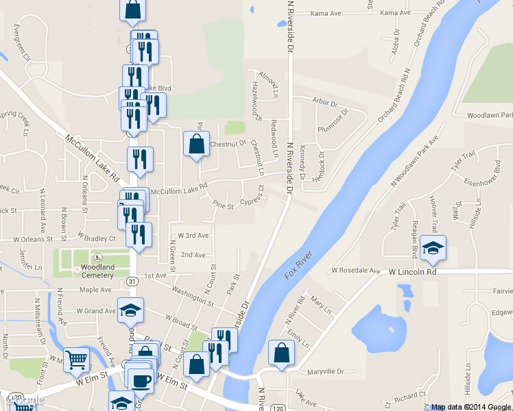map of restaurants, bars, coffee shops, grocery stores, and more near 1706 Pine Street in McHenry