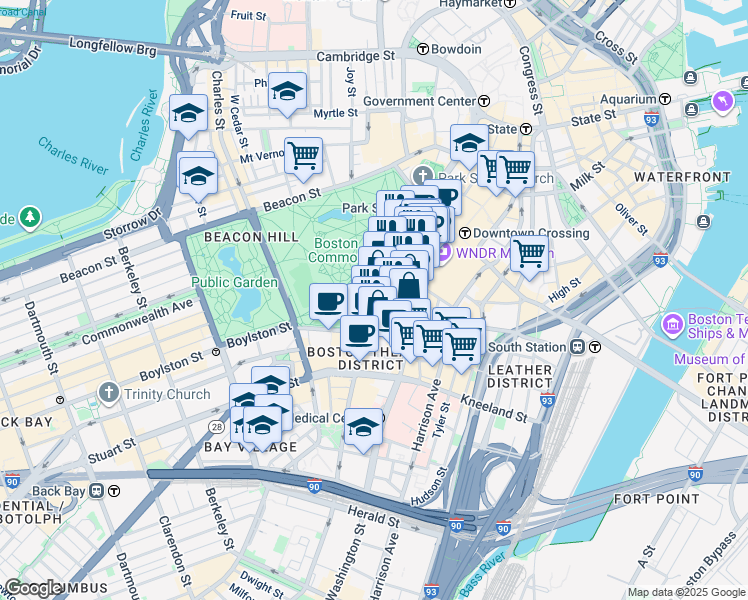 map of restaurants, bars, coffee shops, grocery stores, and more near 172 Tremont Street in Boston