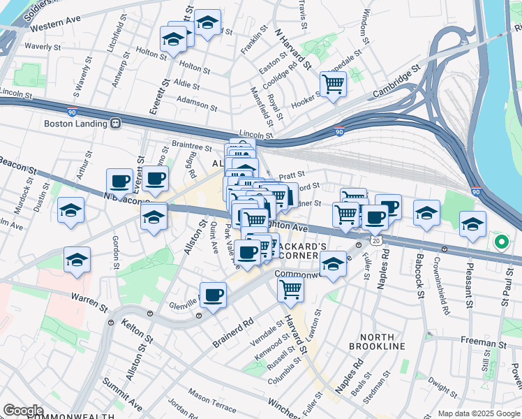 map of restaurants, bars, coffee shops, grocery stores, and more near 9 Farrington Avenue in Boston