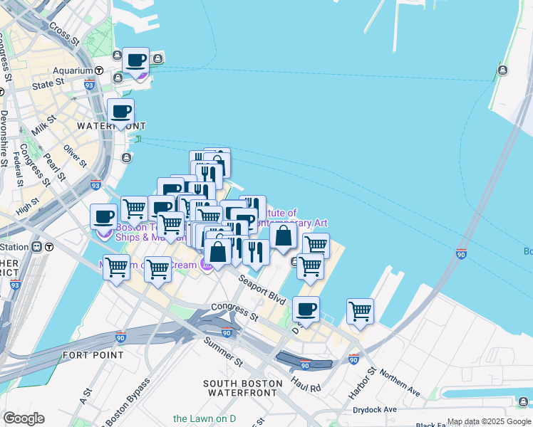 map of restaurants, bars, coffee shops, grocery stores, and more near 140 Northern Avenue in Boston
