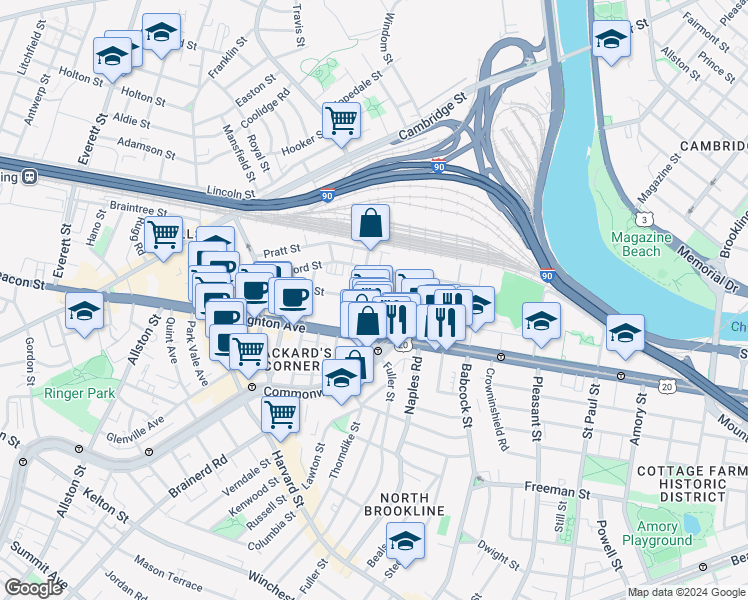 map of restaurants, bars, coffee shops, grocery stores, and more near 69 Ashford Street in Boston