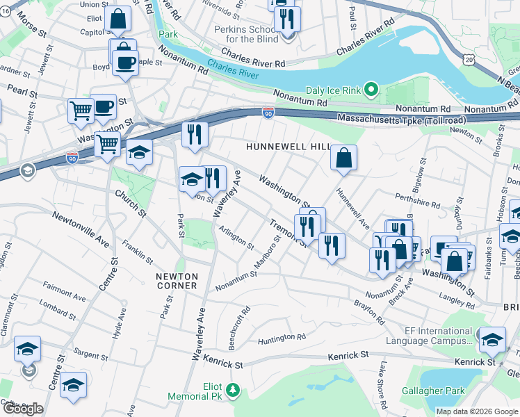 map of restaurants, bars, coffee shops, grocery stores, and more near 17-19 Whittemore Road in Newton