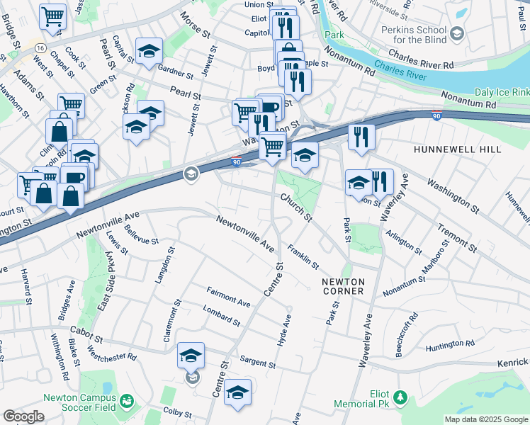 map of restaurants, bars, coffee shops, grocery stores, and more near 176 Church Street in Newton