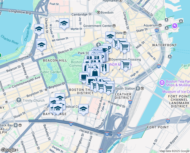 map of restaurants, bars, coffee shops, grocery stores, and more near 3 Avery Street in Boston