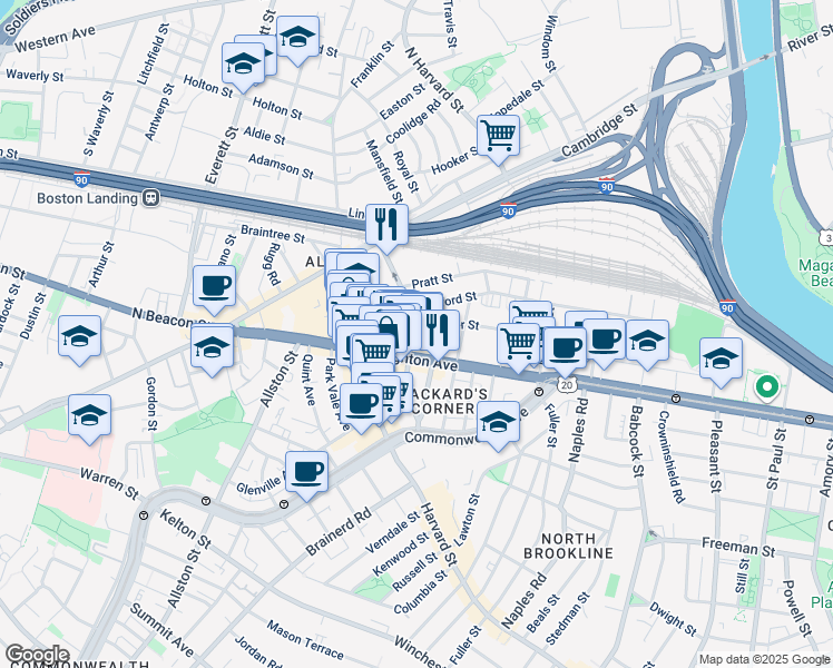map of restaurants, bars, coffee shops, grocery stores, and more near 44 Linden Street in Boston