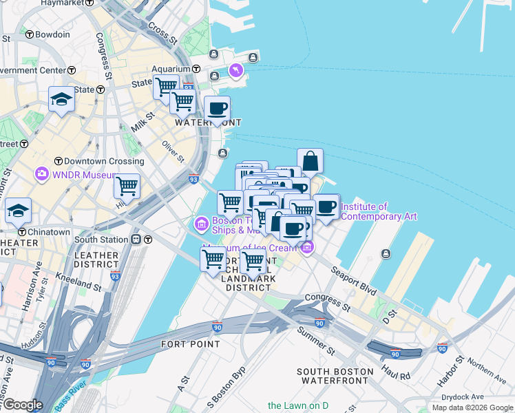 map of restaurants, bars, coffee shops, grocery stores, and more near 25 Northern Avenue in Boston