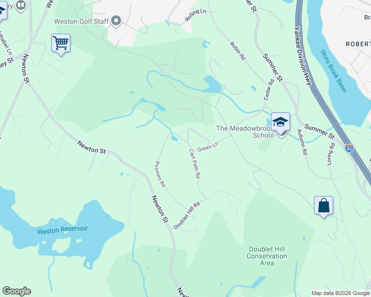 map of restaurants, bars, coffee shops, grocery stores, and more near 56 Cart Path Road in Weston