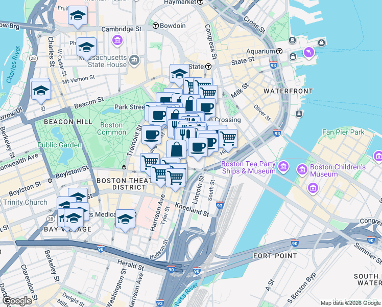 map of restaurants, bars, coffee shops, grocery stores, and more near in Boston