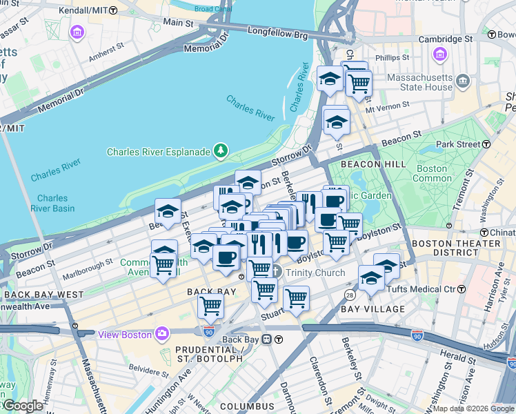 map of restaurants, bars, coffee shops, grocery stores, and more near Clarendon St & Marlborough St in Boston