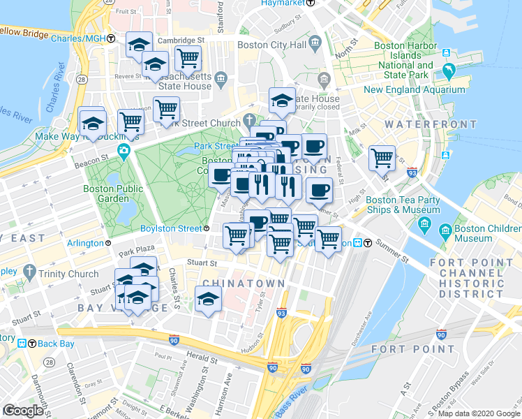 map of restaurants, bars, coffee shops, grocery stores, and more near Ave De Lafayette & Harrison Ave Exd in Boston