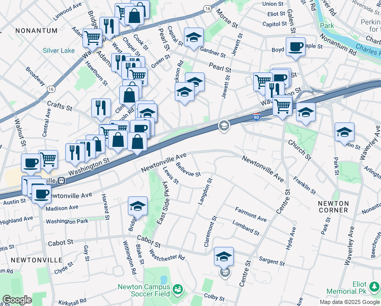 map of restaurants, bars, coffee shops, grocery stores, and more near 185 Newtonville Avenue in Newton
