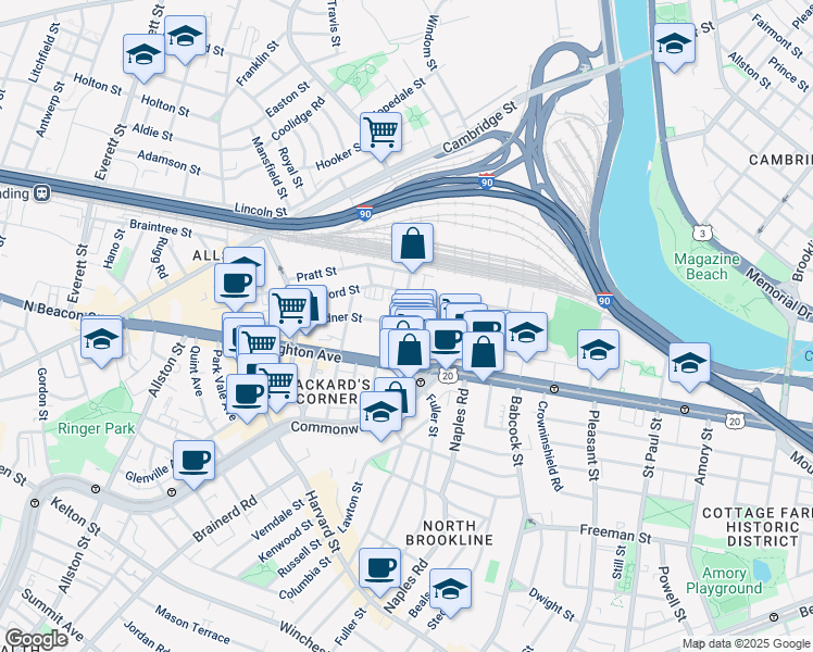 map of restaurants, bars, coffee shops, grocery stores, and more near 69 Ashford Street in Boston