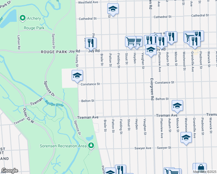 map of restaurants, bars, coffee shops, grocery stores, and more near 8401 Patton Street in Detroit
