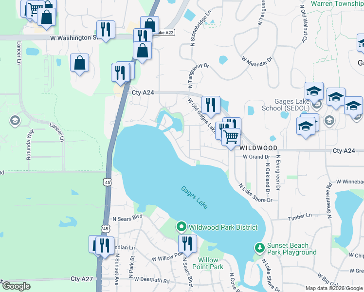 map of restaurants, bars, coffee shops, grocery stores, and more near 33787 North Lake Shore Drive in Grayslake