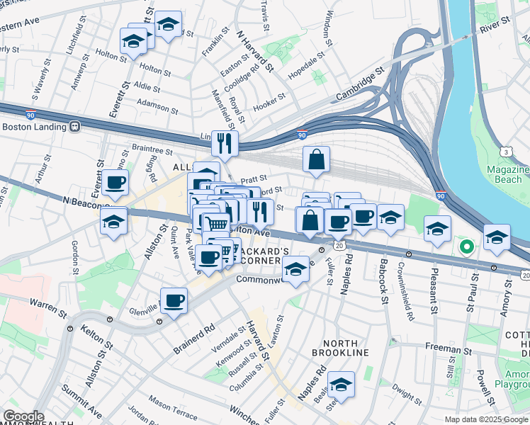 map of restaurants, bars, coffee shops, grocery stores, and more near 56 Gardner Street in Boston