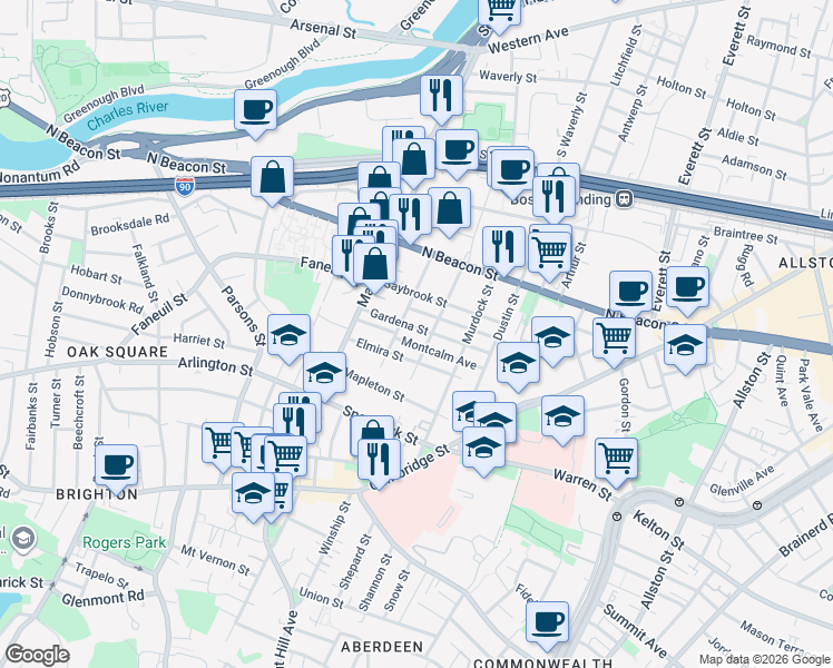 map of restaurants, bars, coffee shops, grocery stores, and more near in Boston