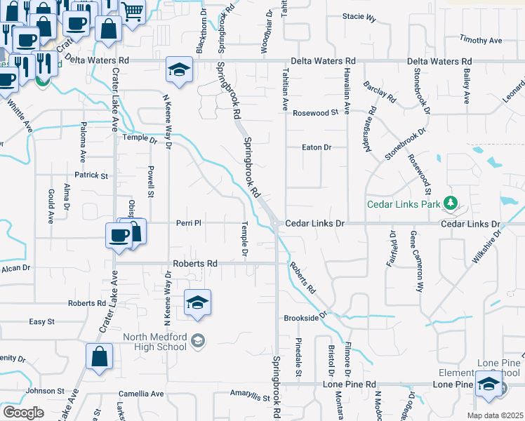 map of restaurants, bars, coffee shops, grocery stores, and more near 2467 Springbrook Road in Medford
