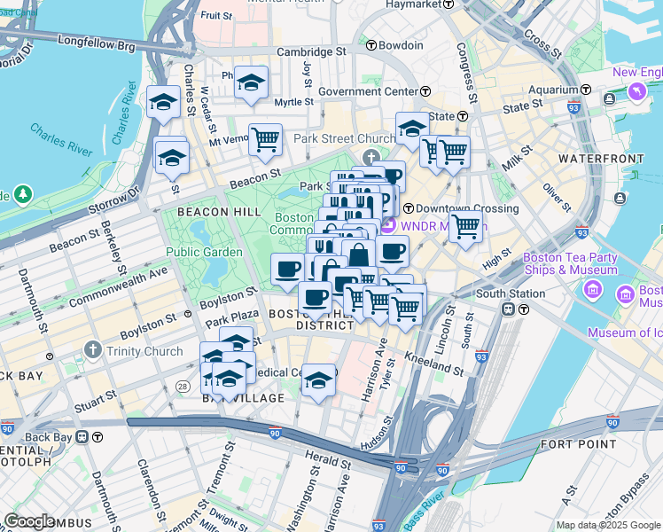 map of restaurants, bars, coffee shops, grocery stores, and more near 172 Tremont Street in Boston