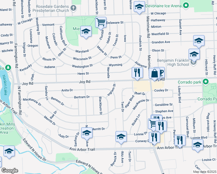map of restaurants, bars, coffee shops, grocery stores, and more near 31947 Joy Road in Westland