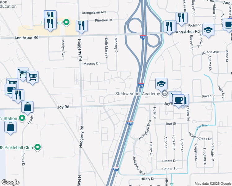 map of restaurants, bars, coffee shops, grocery stores, and more near 40219 Newport Drive in Plymouth