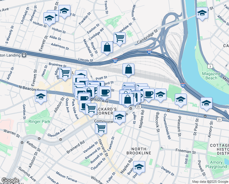 map of restaurants, bars, coffee shops, grocery stores, and more near 72 Gardner Street in Boston