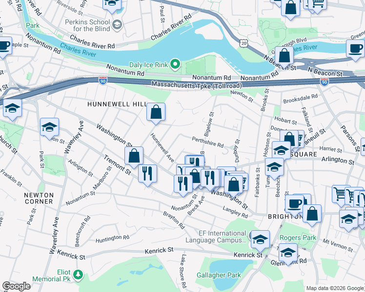 map of restaurants, bars, coffee shops, grocery stores, and more near 82 Perthshire Road in Boston