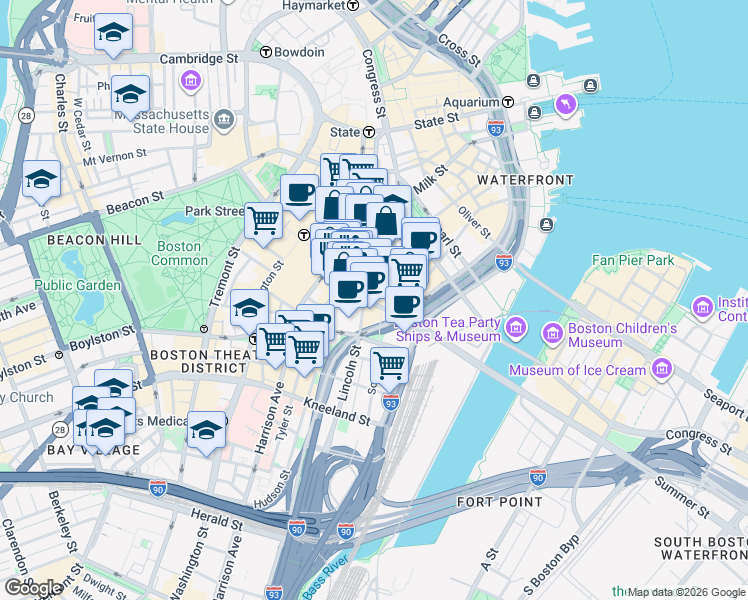 map of restaurants, bars, coffee shops, grocery stores, and more near 100 Summer Street in Boston