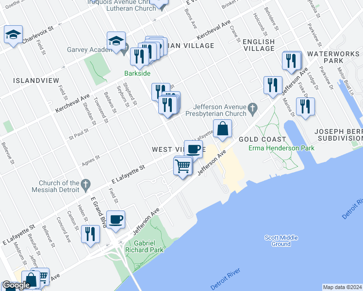 map of restaurants, bars, coffee shops, grocery stores, and more near 1000 Van Dyke in Detroit
