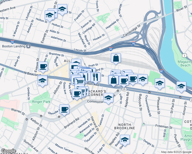 map of restaurants, bars, coffee shops, grocery stores, and more near 56 Gardner Street in Boston