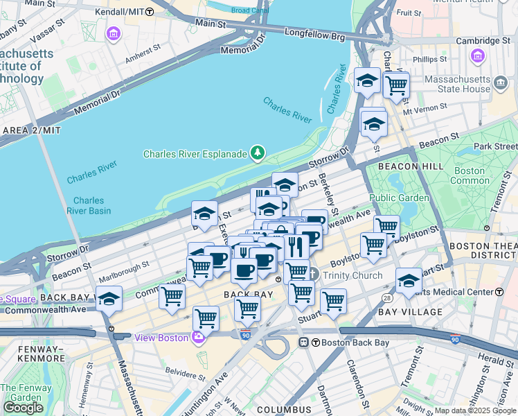 map of restaurants, bars, coffee shops, grocery stores, and more near 232 Beacon Street in Boston