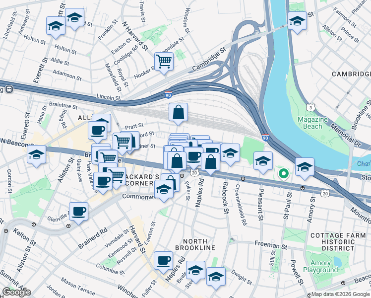 map of restaurants, bars, coffee shops, grocery stores, and more near 69 Ashford Street in Boston