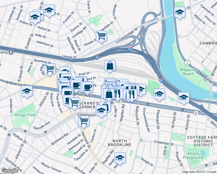 map of restaurants, bars, coffee shops, grocery stores, and more near 69 Ashford Street in Boston