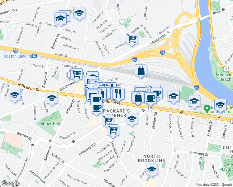 map of restaurants, bars, coffee shops, grocery stores, and more near 56 Gardner Street in Boston