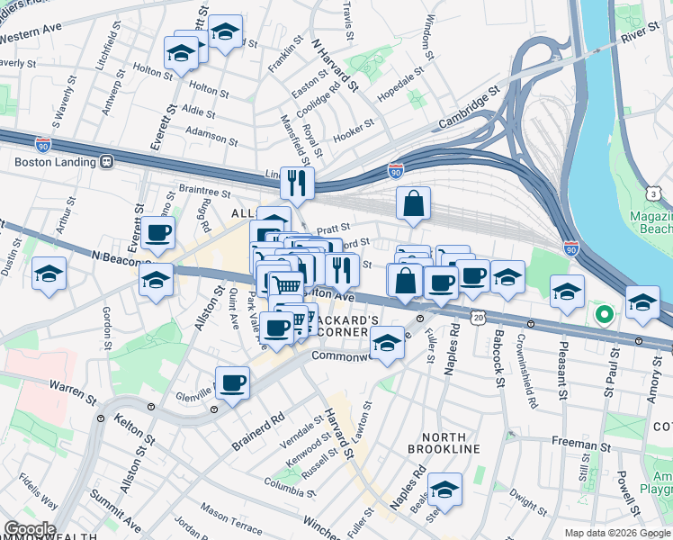 map of restaurants, bars, coffee shops, grocery stores, and more near in Boston