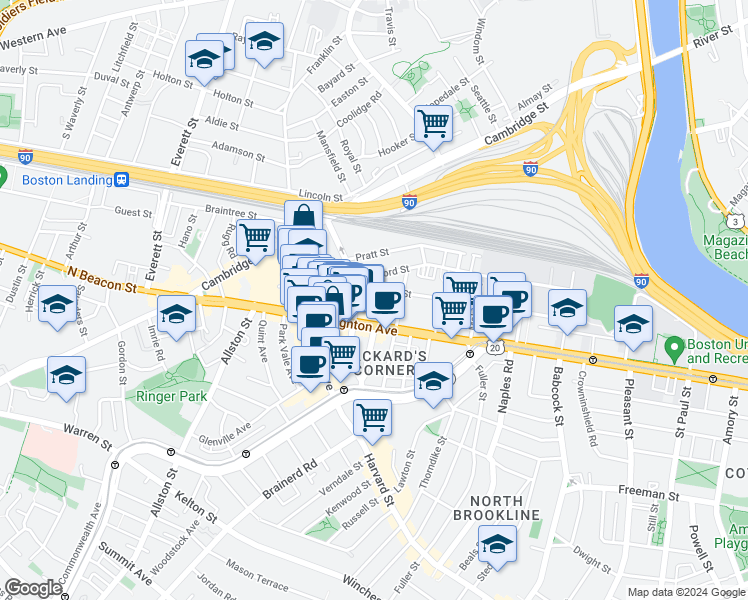 map of restaurants, bars, coffee shops, grocery stores, and more near 44 Linden Street in Boston