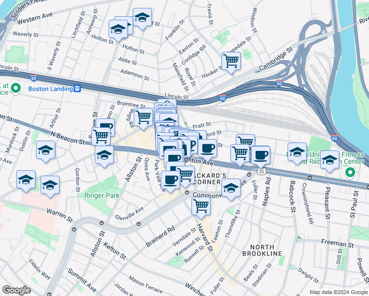 map of restaurants, bars, coffee shops, grocery stores, and more near 9 Farrington Avenue in Boston