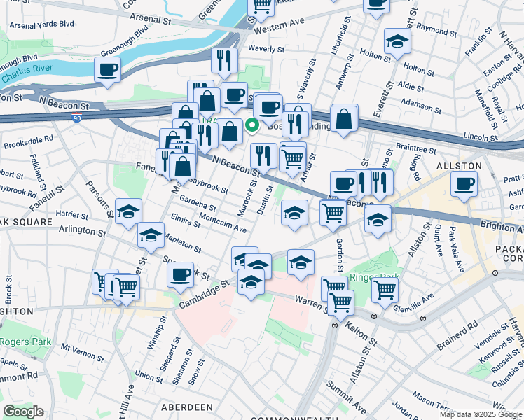 map of restaurants, bars, coffee shops, grocery stores, and more near 104 Dustin Street in Boston