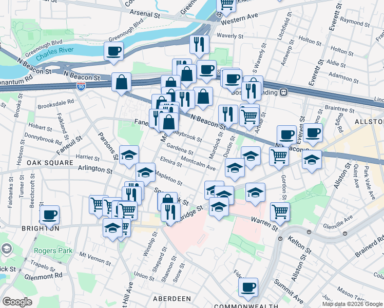 map of restaurants, bars, coffee shops, grocery stores, and more near in Boston