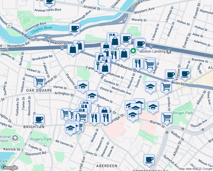 map of restaurants, bars, coffee shops, grocery stores, and more near 14-16 Gardena Street in Boston