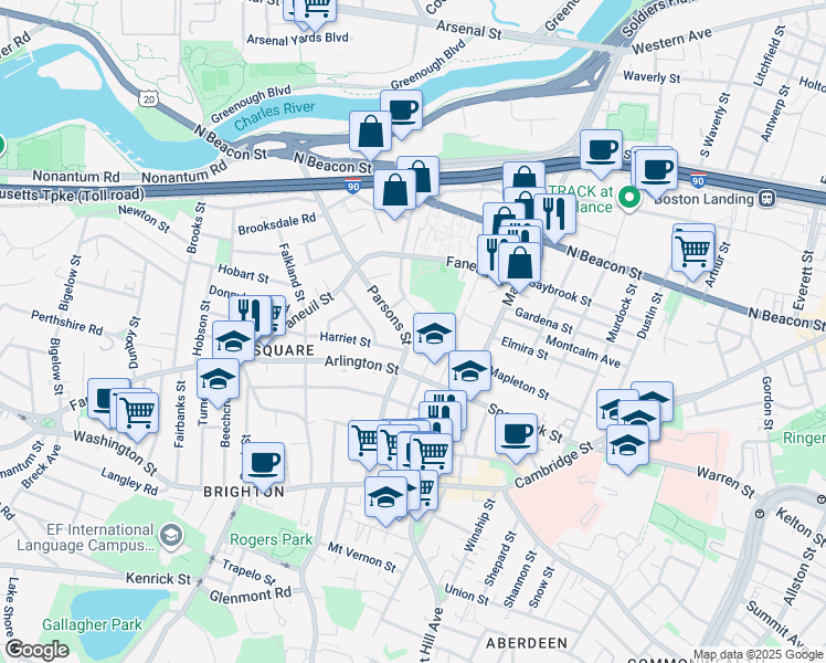 map of restaurants, bars, coffee shops, grocery stores, and more near 93 Goodenough Street in Boston