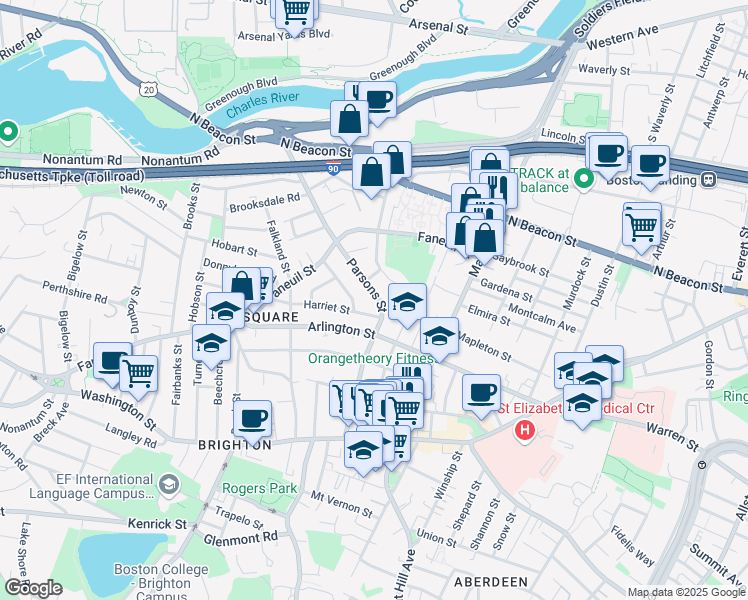map of restaurants, bars, coffee shops, grocery stores, and more near 93 Goodenough Street in Boston