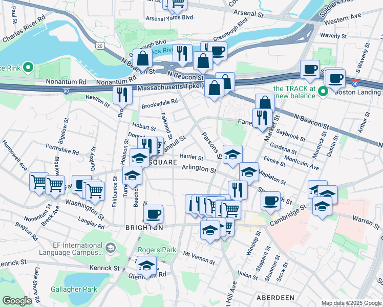 map of restaurants, bars, coffee shops, grocery stores, and more near 16 Duncklee Street in Boston