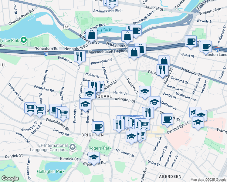 map of restaurants, bars, coffee shops, grocery stores, and more near 16 Duncklee Street in Boston