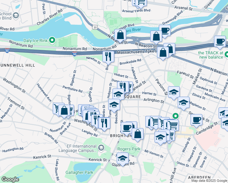 map of restaurants, bars, coffee shops, grocery stores, and more near 43 Newcastle Road in Boston