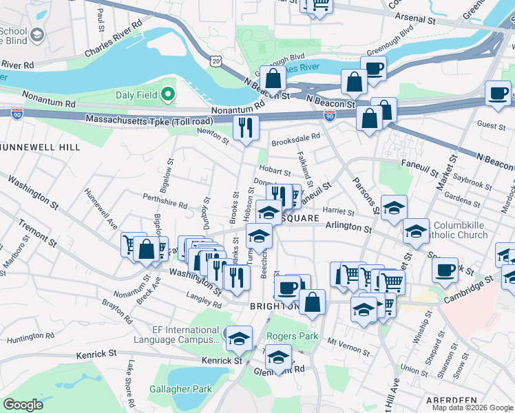 map of restaurants, bars, coffee shops, grocery stores, and more near 43 Newcastle Road in Boston