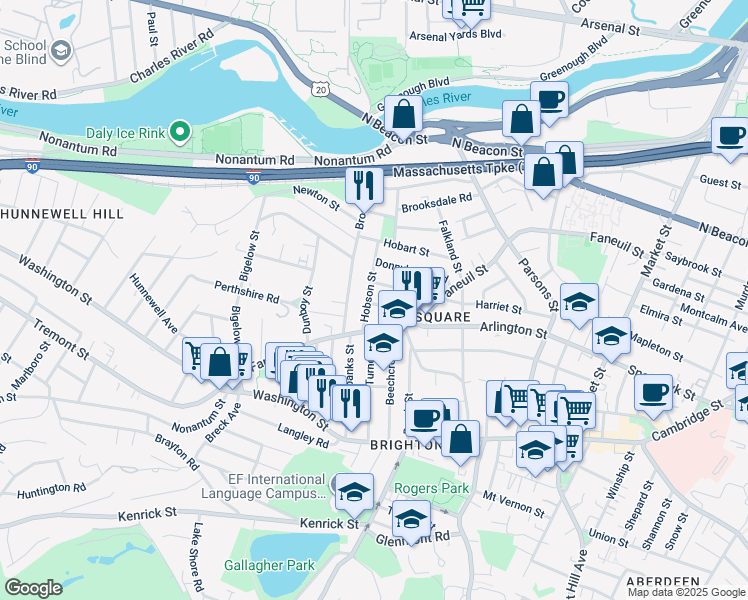 map of restaurants, bars, coffee shops, grocery stores, and more near 43 Newcastle Road in Boston