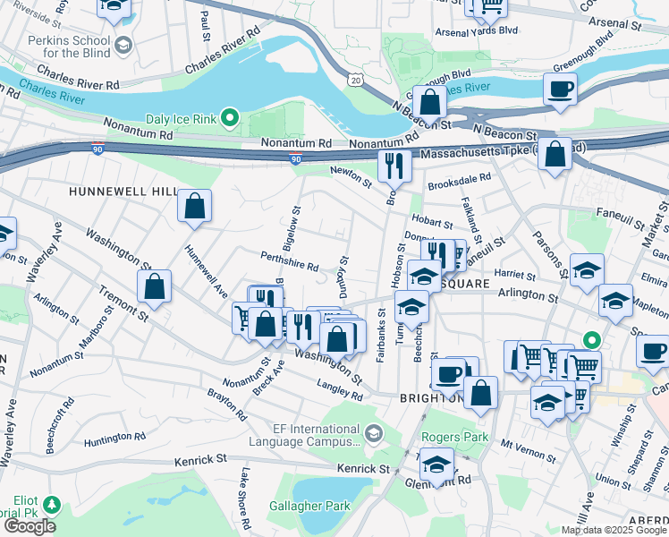 map of restaurants, bars, coffee shops, grocery stores, and more near 61 Dunboy Street in Boston